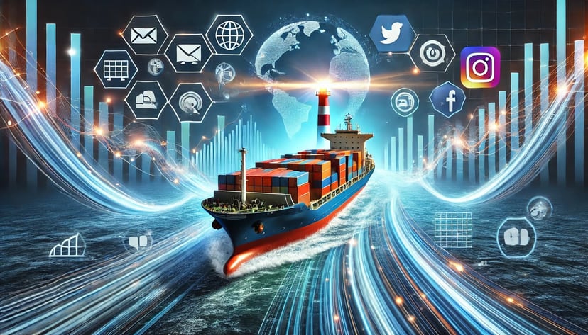 a ca container ship surrounded by social media icons and marketing icons