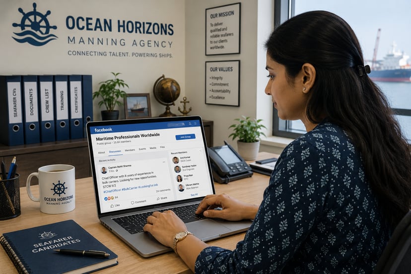 A manning agent looking at a seafarer's profile on Facebook