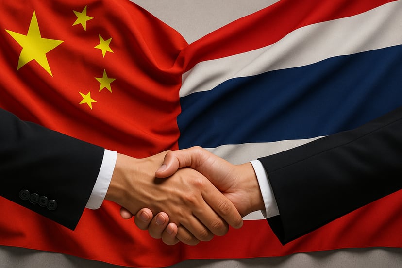 Two arms in business attire shaking hands in front of the Chinese and Thai flags