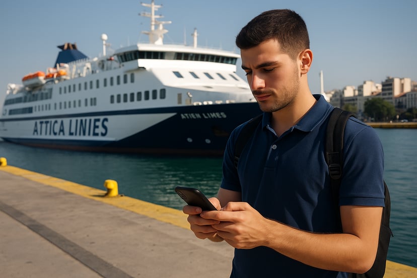 a man standing on the dock next to a passenger ferry and looking at his phone