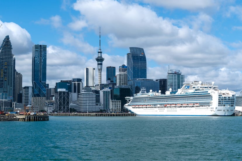 A cruise ship sailing into Auckland, New Zealand