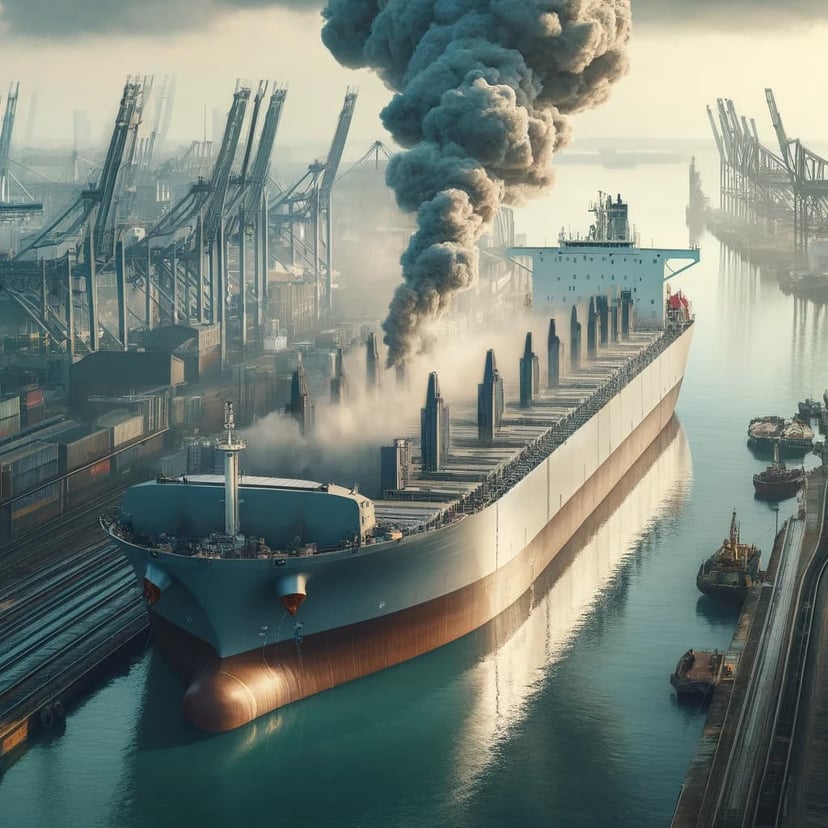 A bulk carrier with smoke coming out of its hold while in dock