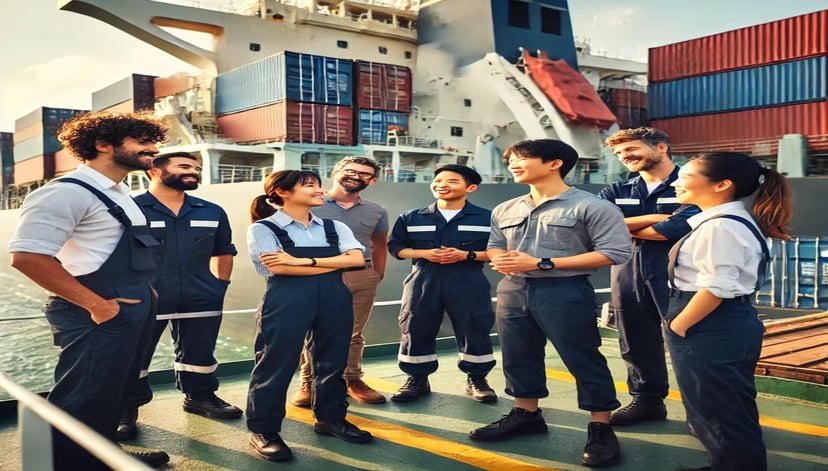 a ship's crew chatting on the deck of a container ship