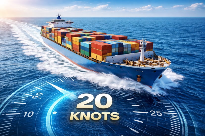 a container ship moving through water with a speedometer showing 20 knots