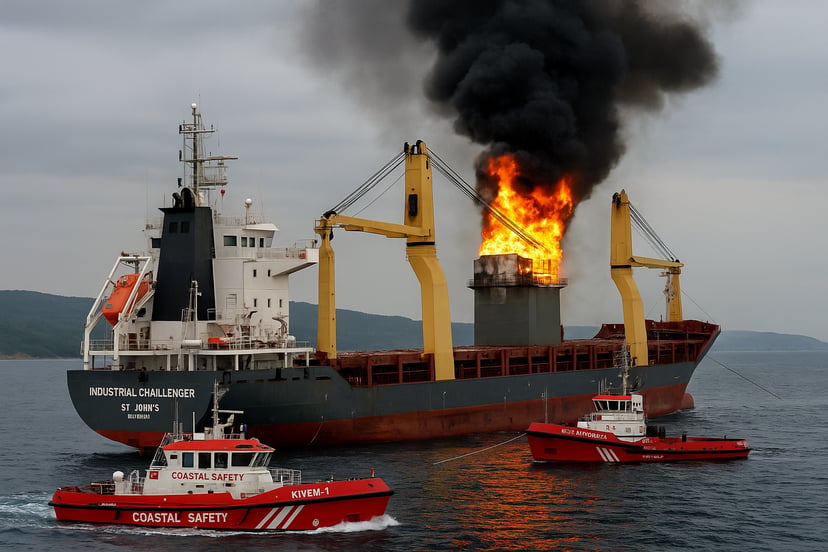 The Industrial Challenger bulk carrier on fire at sea