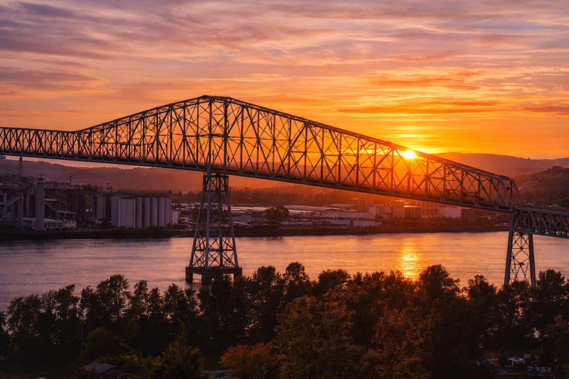 The Lewis and Clark bridge over the Columbia River at sunset