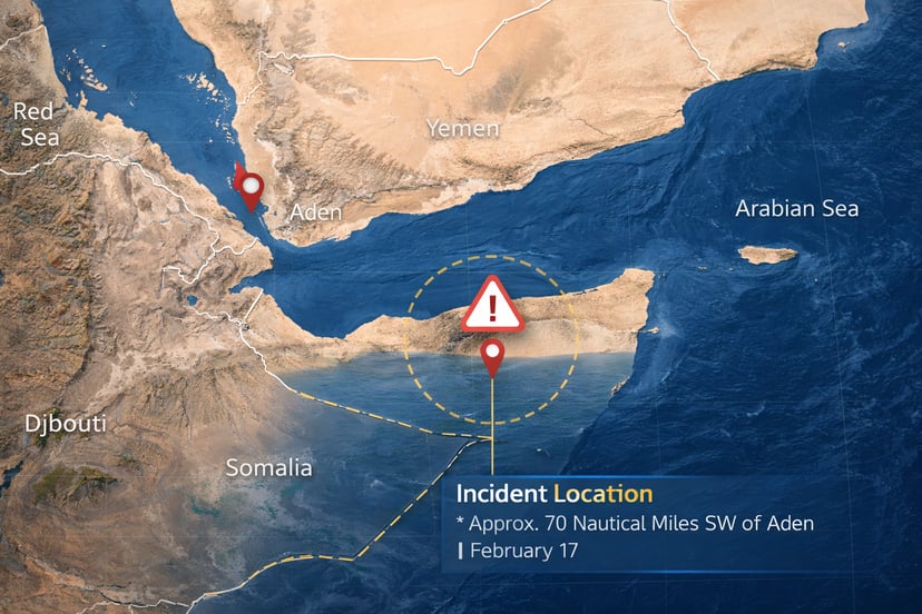 A map showing Aden and pinpointing where a merchant ship met three smaller suspicious boats