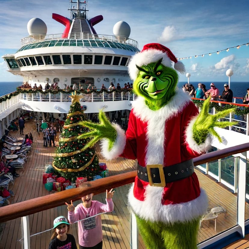 The Grinch on the deck of a cruise ship