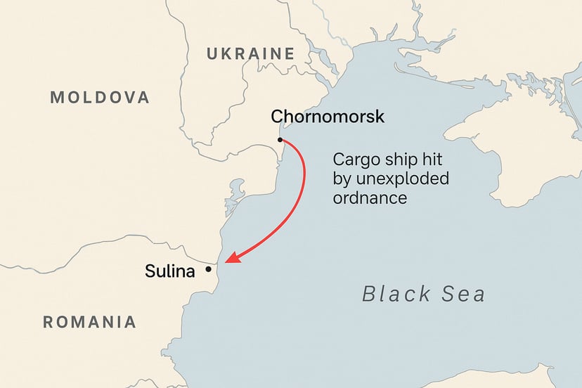 A map showing the spot where the cargo ship was hit