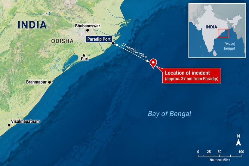 A map showing the incident where a tanker needed to be stabilized off the coast of Paradip, India