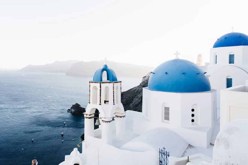 Blue domed churches on a Greek island