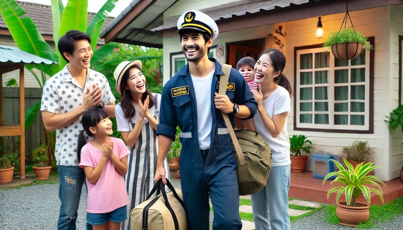 a man leaving his home for a seafarer job while surrounded by his happy and proud family 