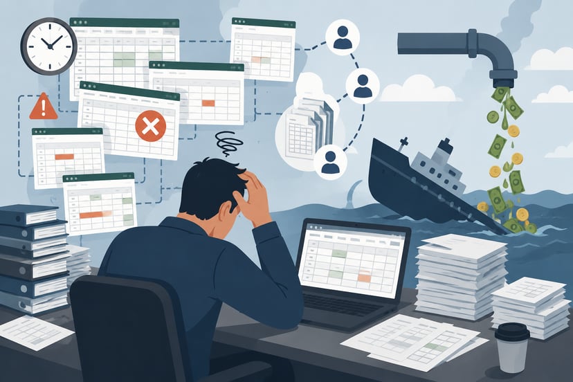 A stressed man at his desk looking at spreadsheets while a ship is sinking in the background under the weight of lost revenue