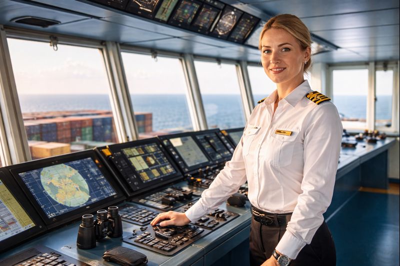 a young female captain on the bridge of a container ship