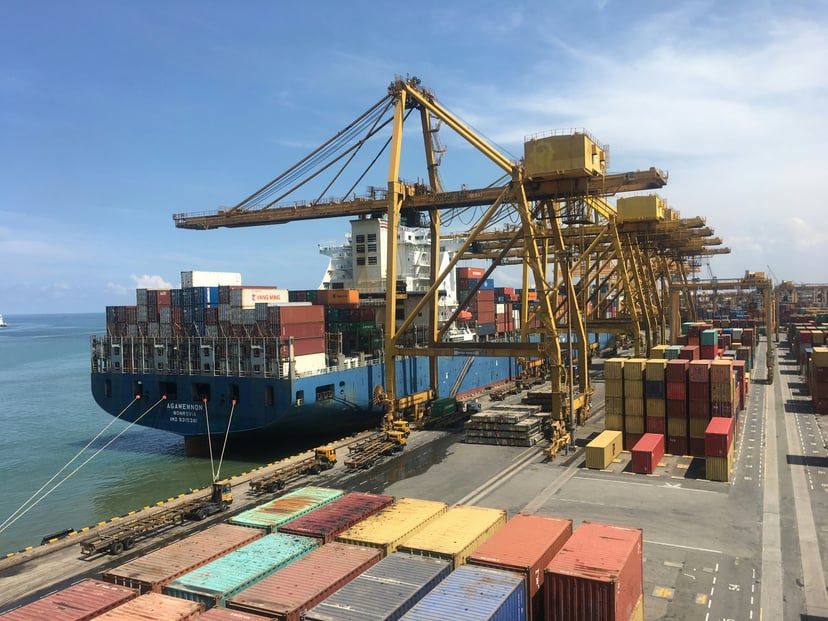 A container ship docked at Colombo Port in Sri Lanka