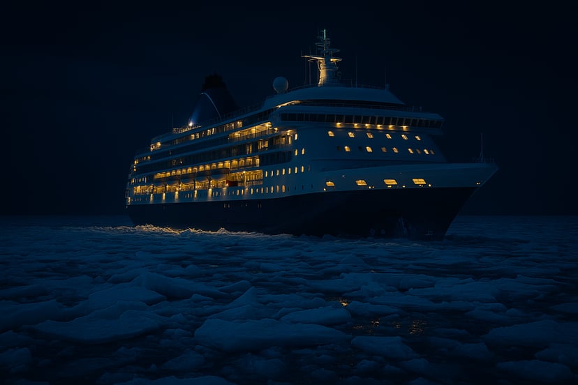 a cruise ship in ice at night