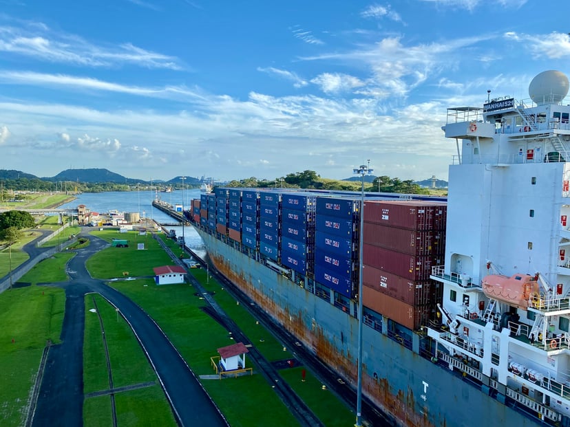 A container ship traversing the Panama Canal