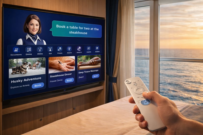 A hand holding a TV remote control and using it to book services on the TV in a cruise ship cabin