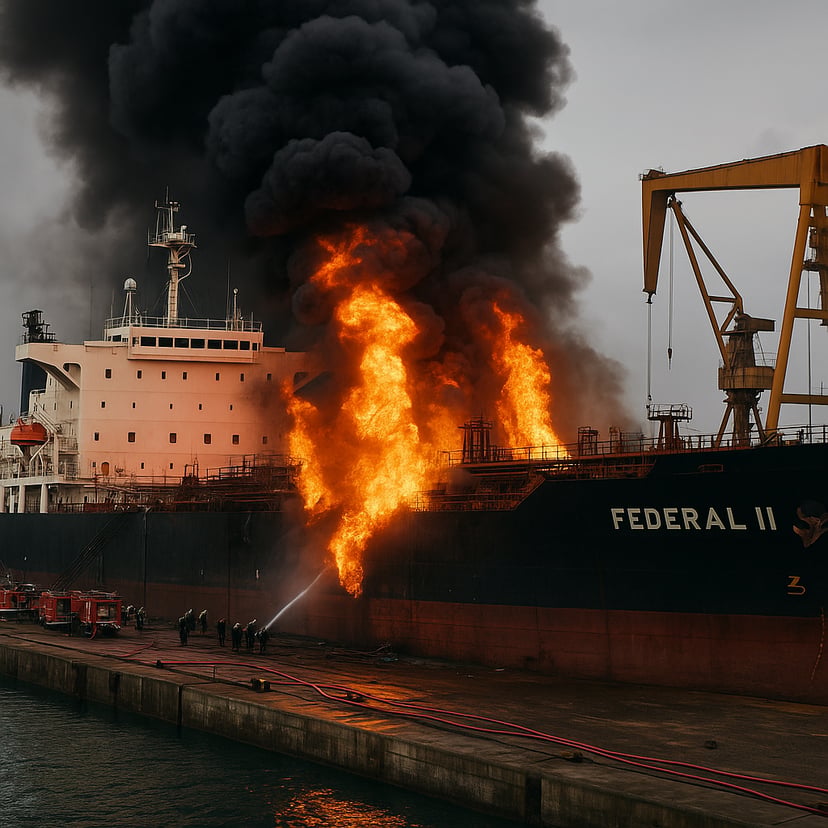 The Federal II on fire in a shipyard in Indonesia