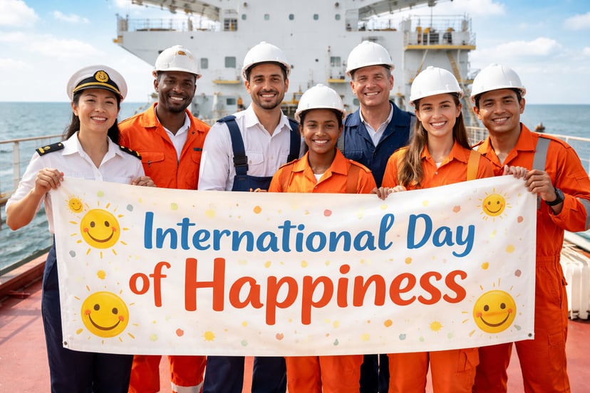A group of smiling seafarers holding a sign that says 'International Day of Happiness'