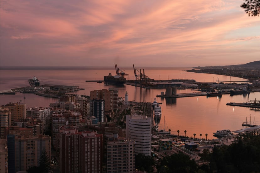 Malaga port at sunset