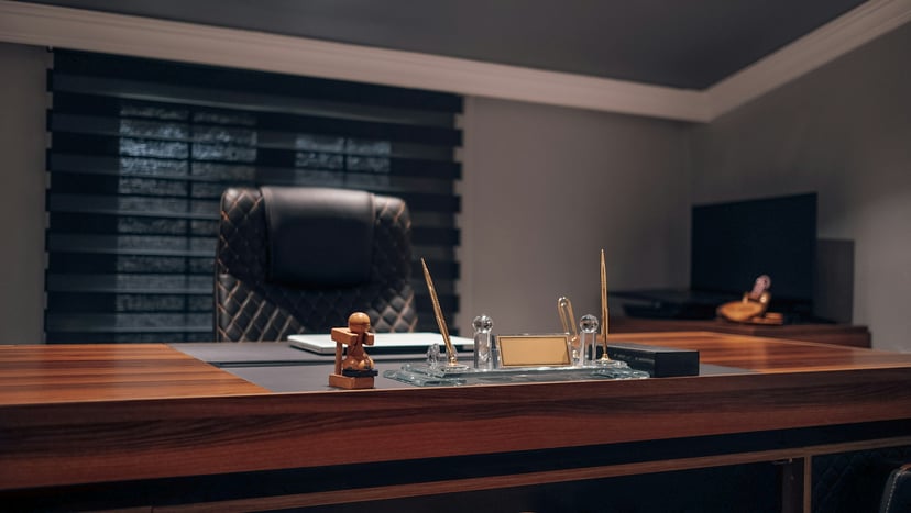 A judge's desk in a courtroom