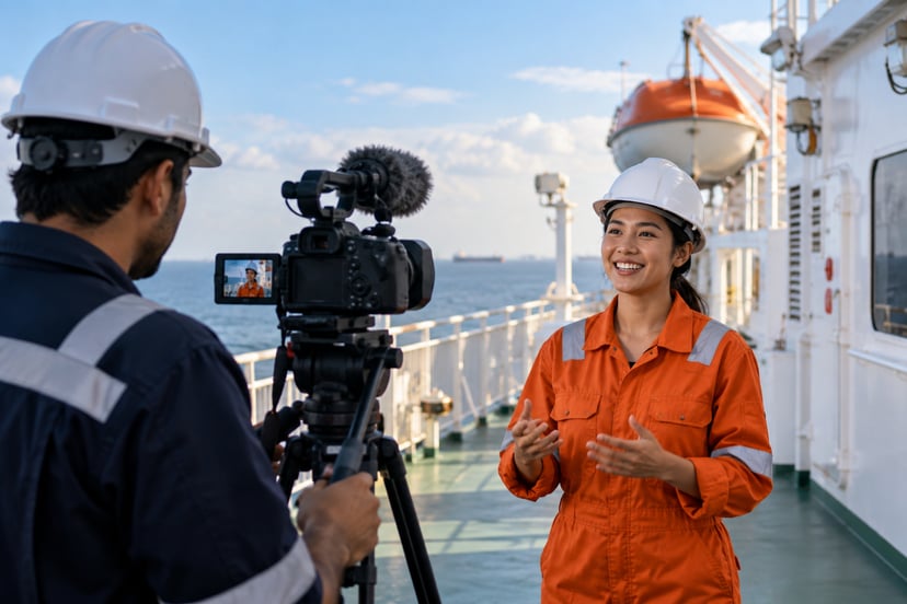 One seafarer videoing another on deck for part of a maritime recruitment video