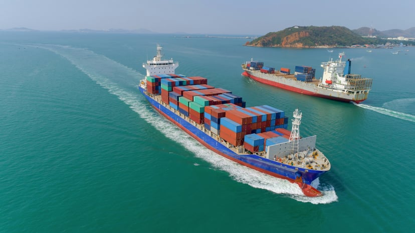 Two cargo ships sailing on opposite directions past a small landmass