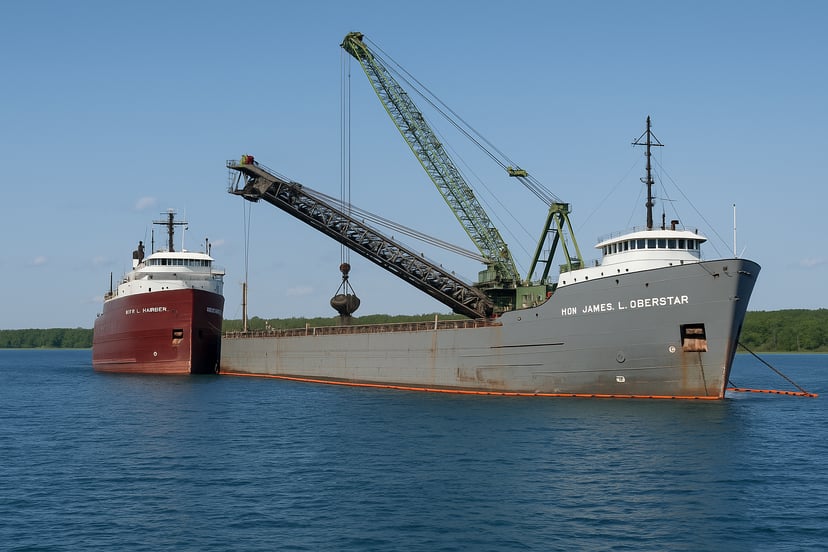 The James L Oberstar bulk carrier offloading cargo to another vessel