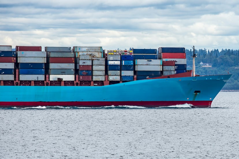 A Maersk container ship sailing close to land