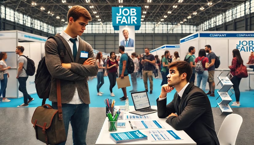 two men at a job fair looking gloomy