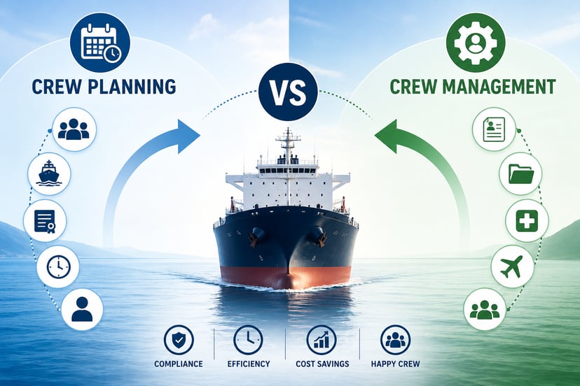 A cargo ship with the words 'crew planning' and 'crew management' either side of it and icons representing facets within them