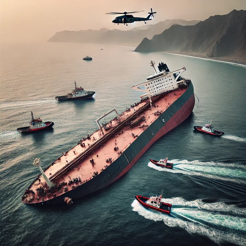 A capsized oil tanker just off the coast