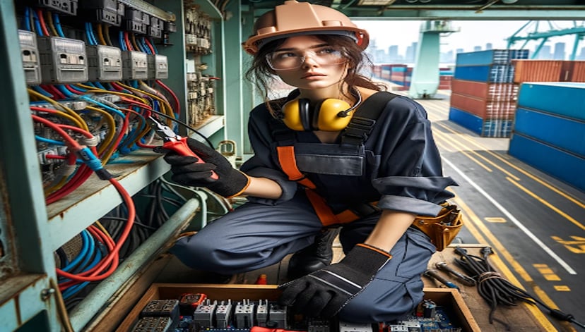 a young woman working in a ship's electrician job