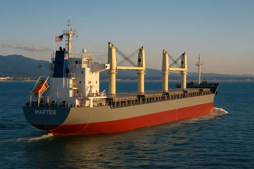 A bulk carrier at sea flying the Stars and Stripes flag