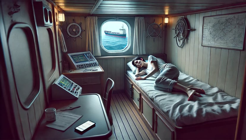 a female seafarer asleep in her cabin with her cellphone away from her on a desk