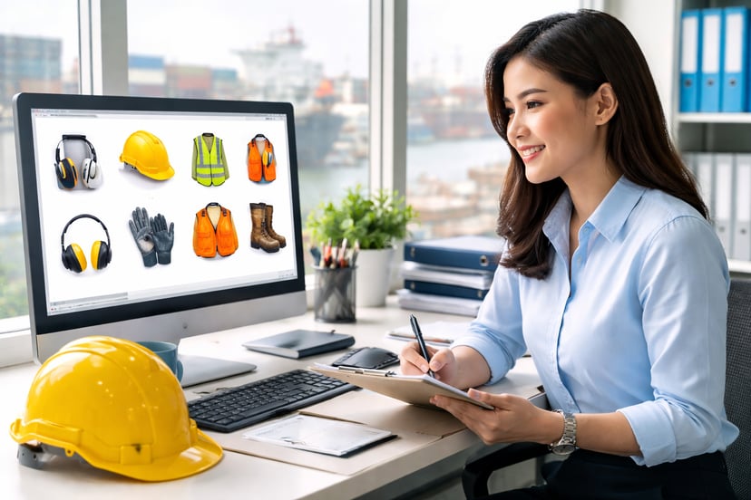 A woman in an office at a port looking at images of safety gear on her computer screen