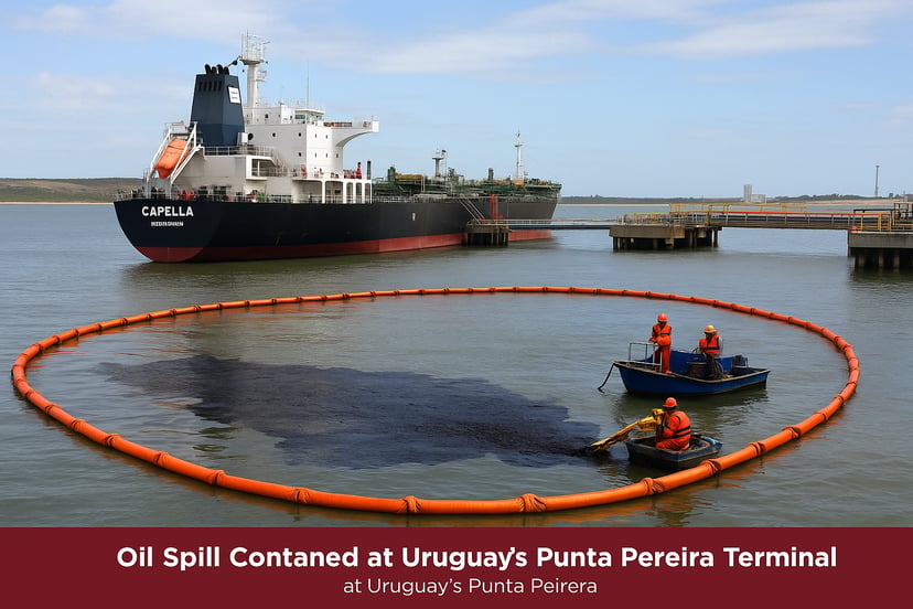 A small oil spill being contained near the tanker Capella