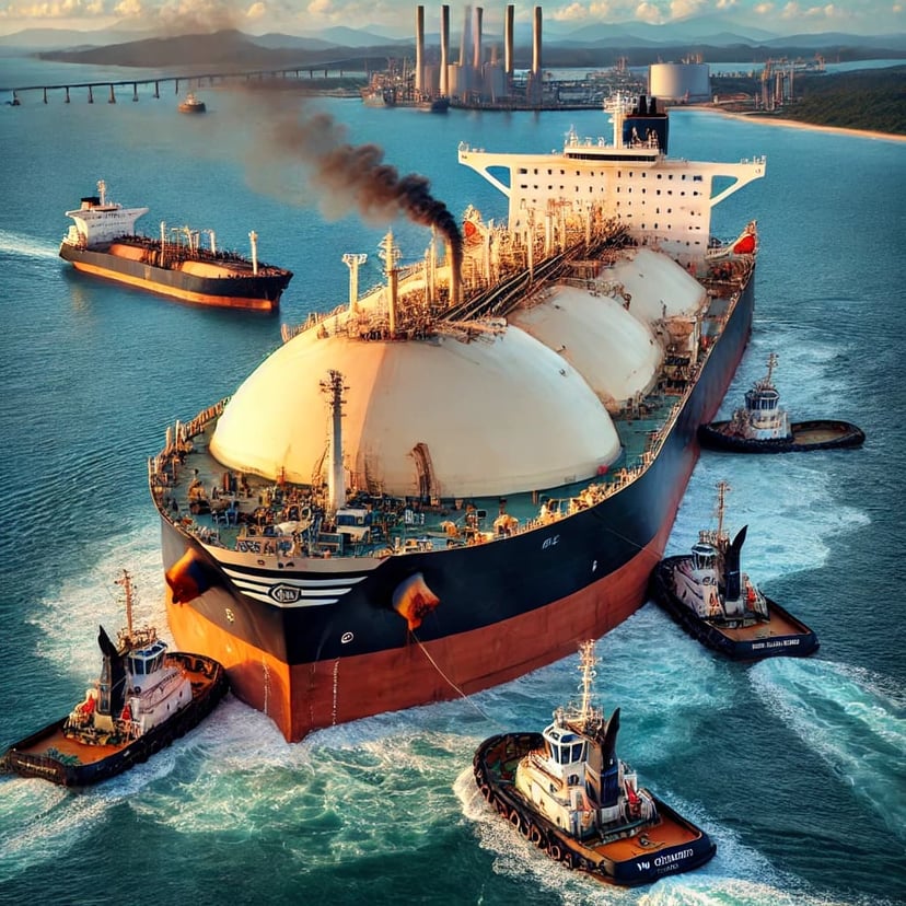 An LNG tanker being assisted by small boats
