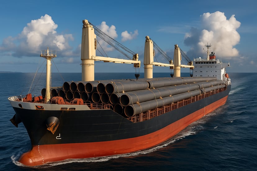A break bulk carrier vessel with a cargo of steel pipes
