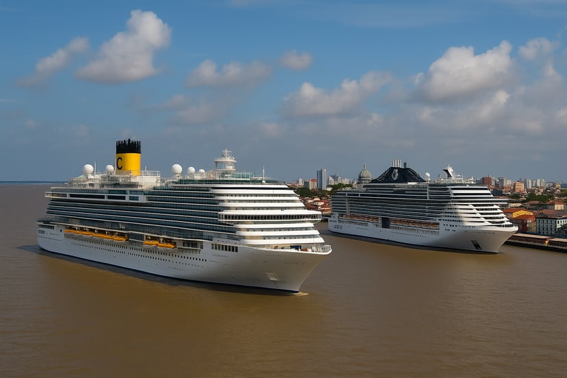 Costa and MSC cruise ships moored off Belem, Brazil
