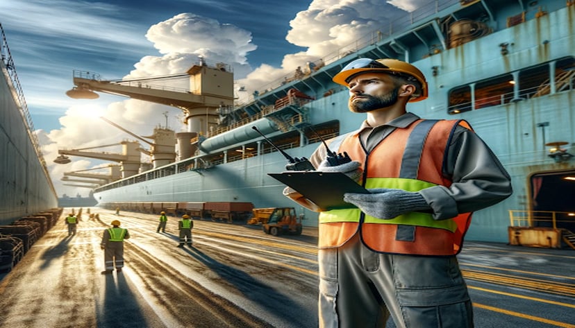 a man in safety gear standing on the dock holding a clipboard and radio
