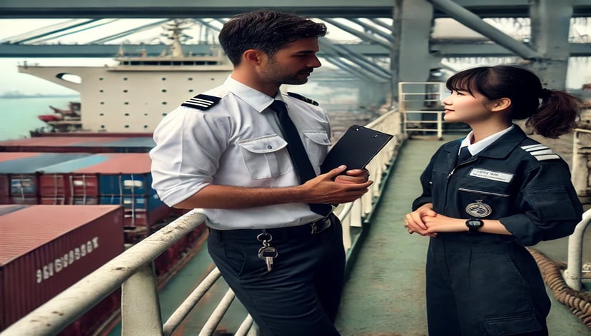 a male and female seafarer in conversation on the deck of a ship