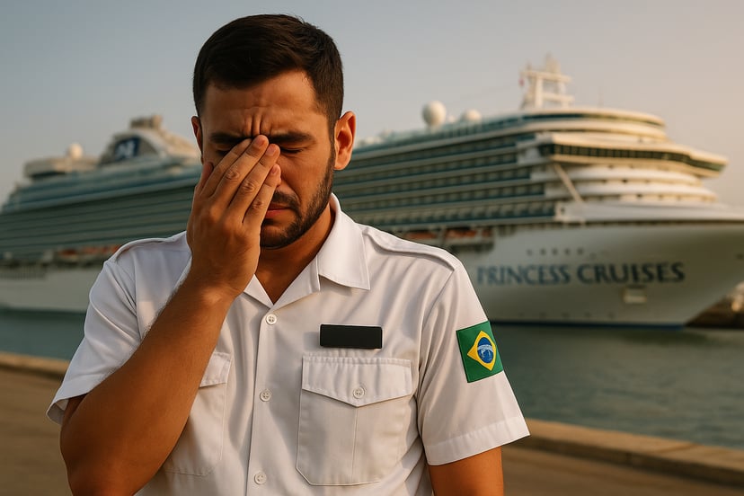 A Brazilian cruise ship worker looking upset while standing on the dock in front of a princess cruise ship