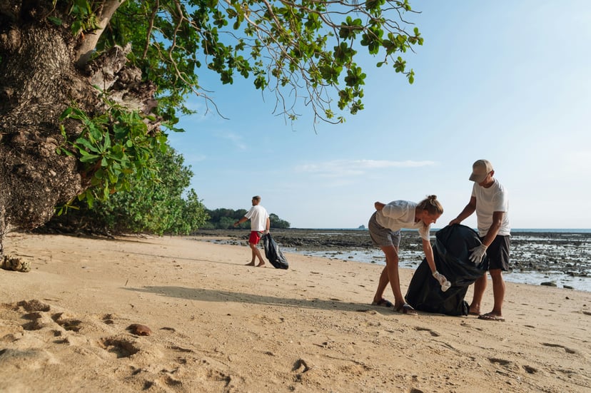 People o a tropical beach participating in a beach cleanup