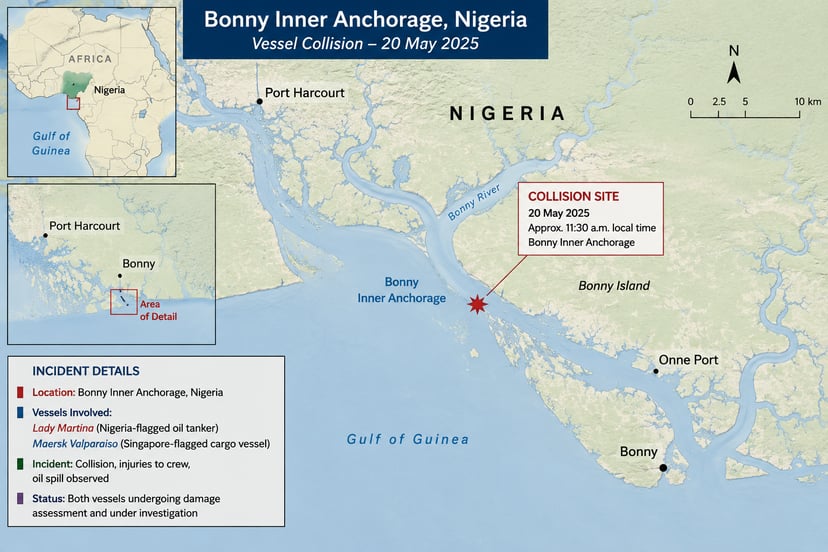 A map showing the location off the coast of Nigeria where two vessels collided
