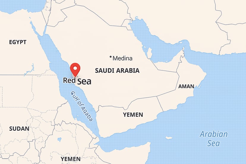 A map with a pin near the Saudi port of Yanbu