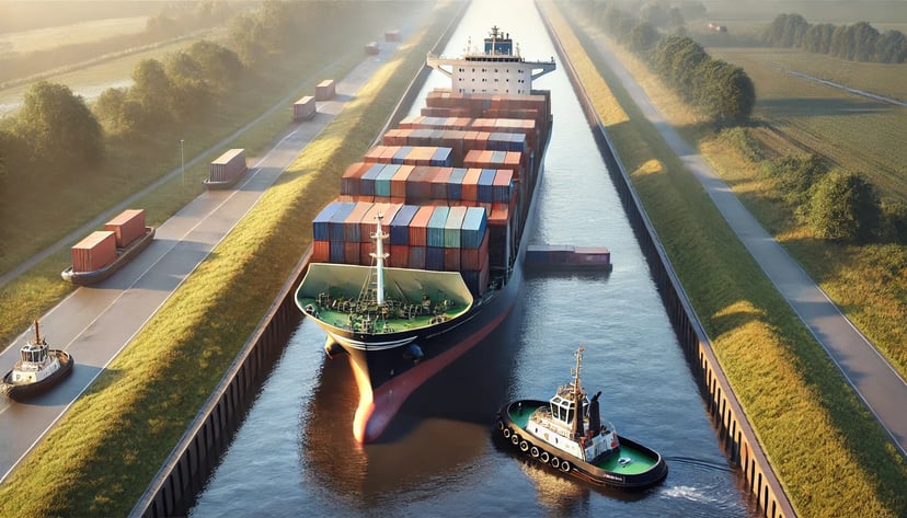A container ship stuck in a canal