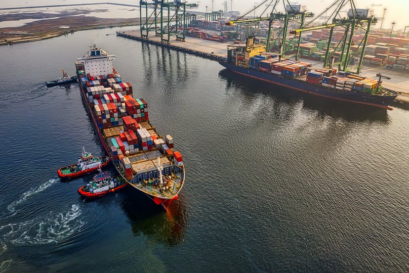 Container ships and tugboat in a port