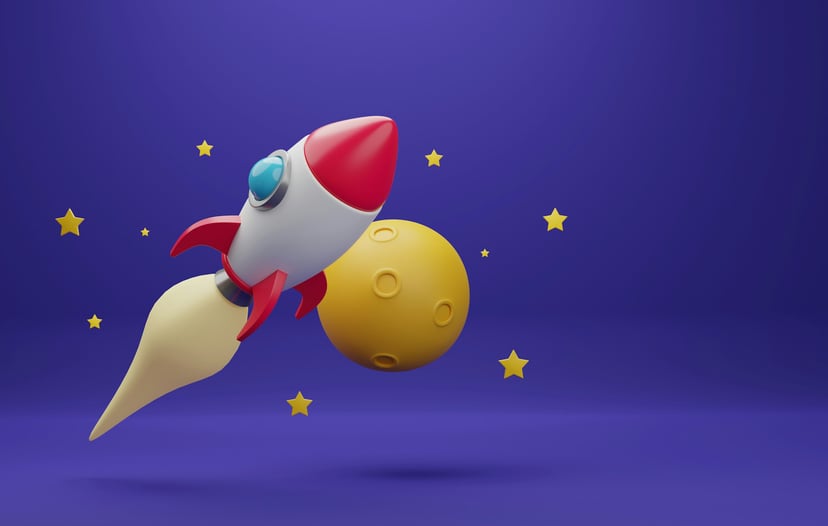 model of a space rocket and the moon